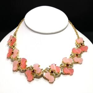 Vintage 1950s Pink Lucite Thermoset Choker Necklace Gold Tone Red Rhinestones